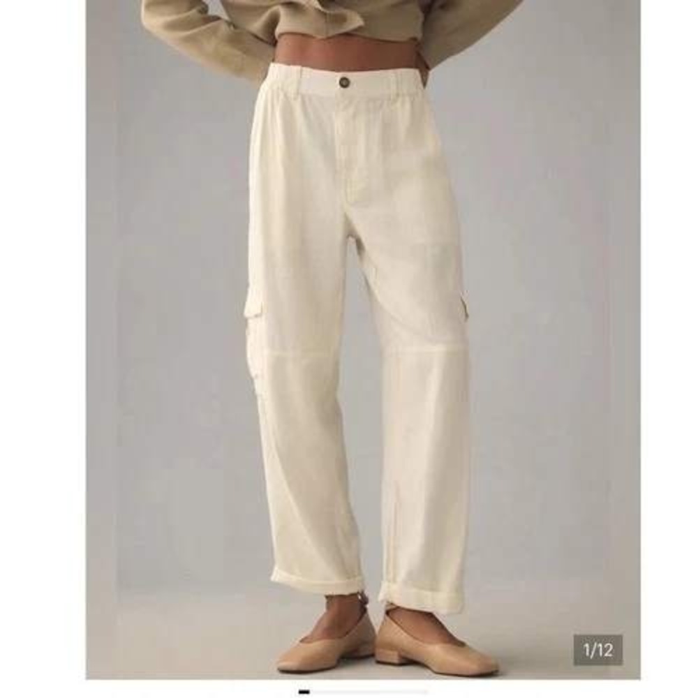 Pilcro Slim Linen Beach Cargo Pants Women Medium Cream Utility Trousers Coastal